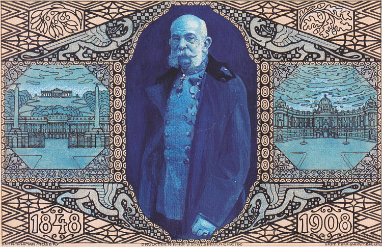 周年纪念卡Korrespodenz(维也纳版)的设计 Design for the anniversary card Korrespodenz (Vienna edition) (1908; Austria ),科罗曼·莫塞尔