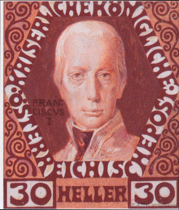 奥地利皇帝弗朗西斯一世的周年纪念邮票设计 Design for the anniversary stamp with Austrian Emperor Francis I (1908; Austria  )，科罗曼·莫塞尔