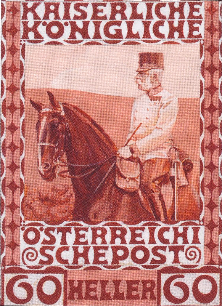 奥地利人弗朗茨·约瑟夫一世在马背上的周年纪念邮票设计 Design of the anniversary stamp with Austrian Franz Joseph I. on horseback (1908; Austria  )，科罗曼·莫塞尔