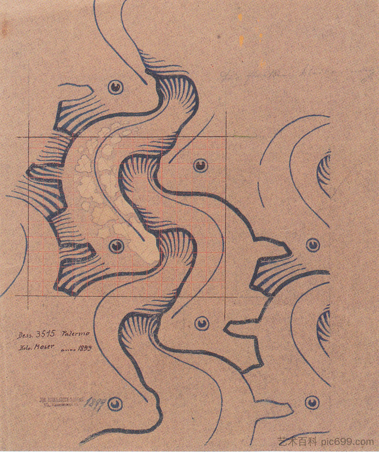 为巴克豪森设计的带有移动波浪的织物设计 Fabric design with moving waves for Backhausen (1902; Austria  )，科罗曼·莫塞尔