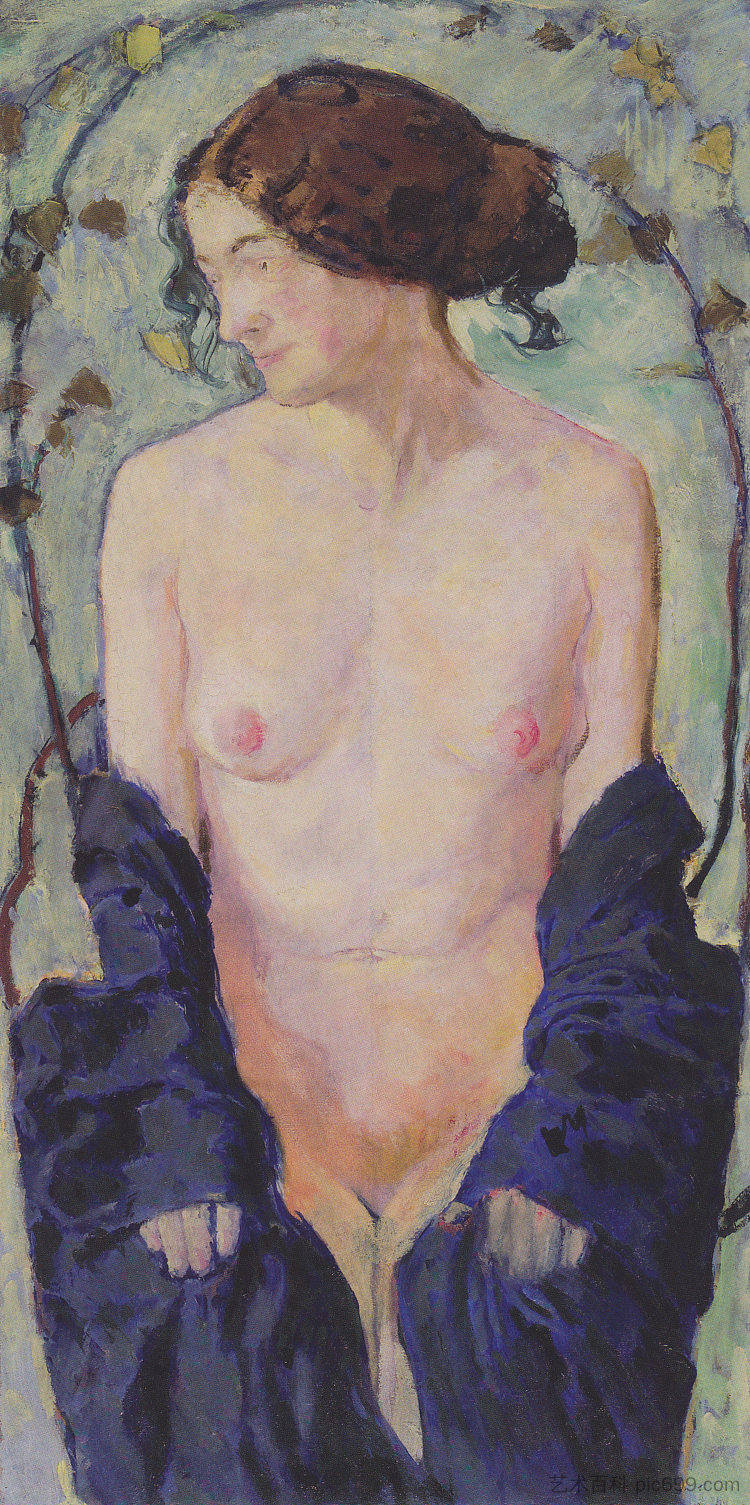 女性裸体与蓝布 Female Nude with blue cloth (c.1913)，科罗曼·莫塞尔