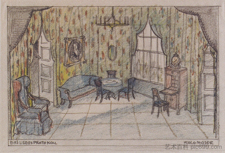 爱德华·鲍尔斯菲尔德(Edward Bauersfeld)的《爱的分钟》(The minutes of love)的舞台设计 Stage design for 'The minutes of love' by Edward Bauersfeld (c.1908),科罗曼·莫塞尔