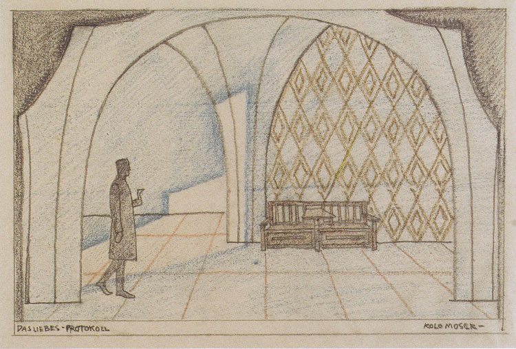 爱德华·鲍尔斯菲尔德（Edward Bauersfeld）的《爱的分钟》（The minutes of love）的舞台设计 Stage design for 'The minutes of love' by Edward Bauersfeld (c.1908)，科罗曼·莫塞尔