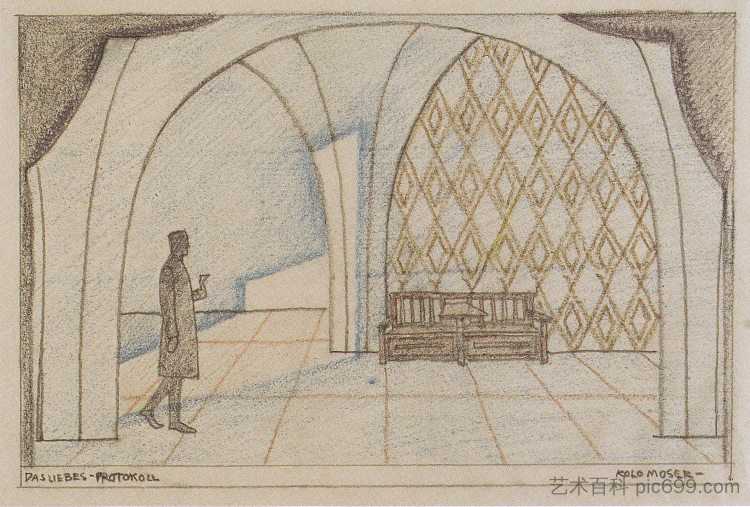 爱德华·鲍尔斯菲尔德(Edward Bauersfeld)的《爱的分钟》(The minutes of love)的舞台设计 Stage design for 'The minutes of love' by Edward Bauersfeld (c.1908),科罗曼·莫塞尔