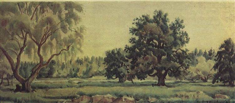 有橡树和柳树的景观 Landscape with oaks and willows (1940)，康斯坦丁·博加耶夫斯基