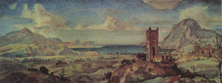 山地景观与海湾 Mountain landscape with sea bay (c.1935),康斯坦丁·博加耶夫斯基