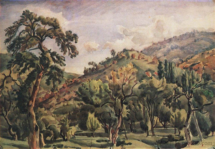 山地景观与树木。奥托兰。 Mountain landscape with trees. Ortolan. (c.1935)，康斯坦丁·博加耶夫斯基