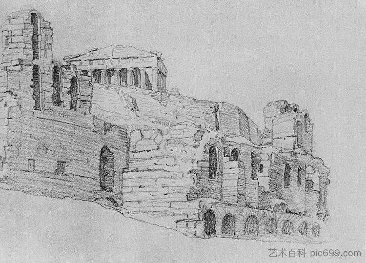 一座古老寺庙的废墟 Ruins of an old temple (1909),康斯坦丁·博加耶夫斯基