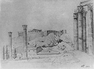 古希腊卫城景观 View Of the ancient Greek Acropolis (1909)，康斯坦丁·博加耶夫斯基