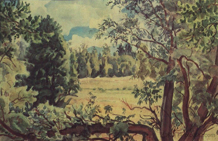 林地场景 Woodland scene (c.1935)，康斯坦丁·博加耶夫斯基