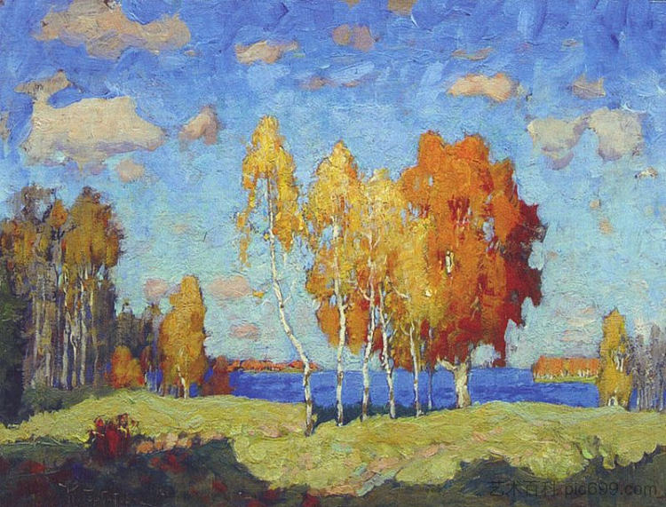 秋天的风景与桦树 Autumn Landscape with Birches (1924)，康斯坦丁·戈尔巴托夫