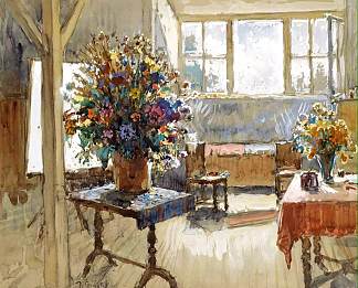 室内有一束夏日鲜花 Interior with a Bouquet of Summer Flowers (1941)，康斯坦丁·戈尔巴托夫