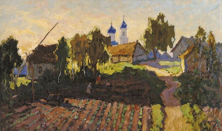 村庄景观与田野和教堂 Village Landscape with Field and Church，康斯坦丁·戈尔巴托夫