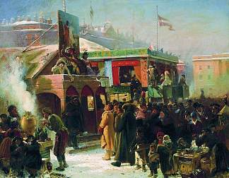圣彼得堡金钟广场的展台 Fair Booths on Admiralty Square, St. Petersburg (1869)，康斯坦丁·马科夫斯基