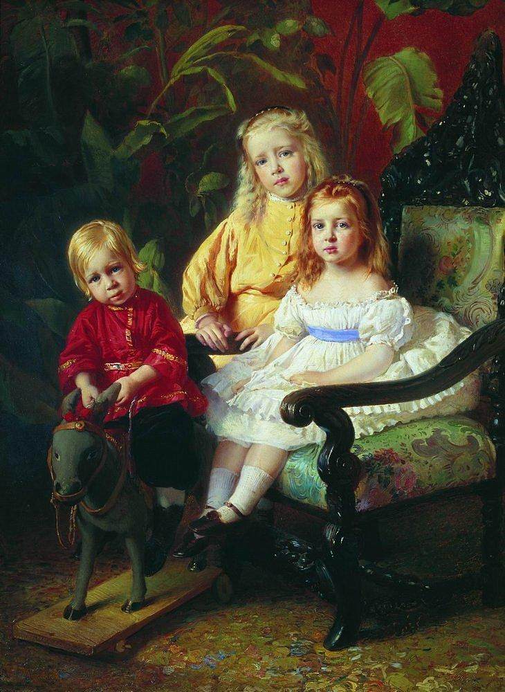 儿童斯塔索维的肖像 Portrait of Children Stasovy (c.1870),康斯坦丁·马科夫斯基
