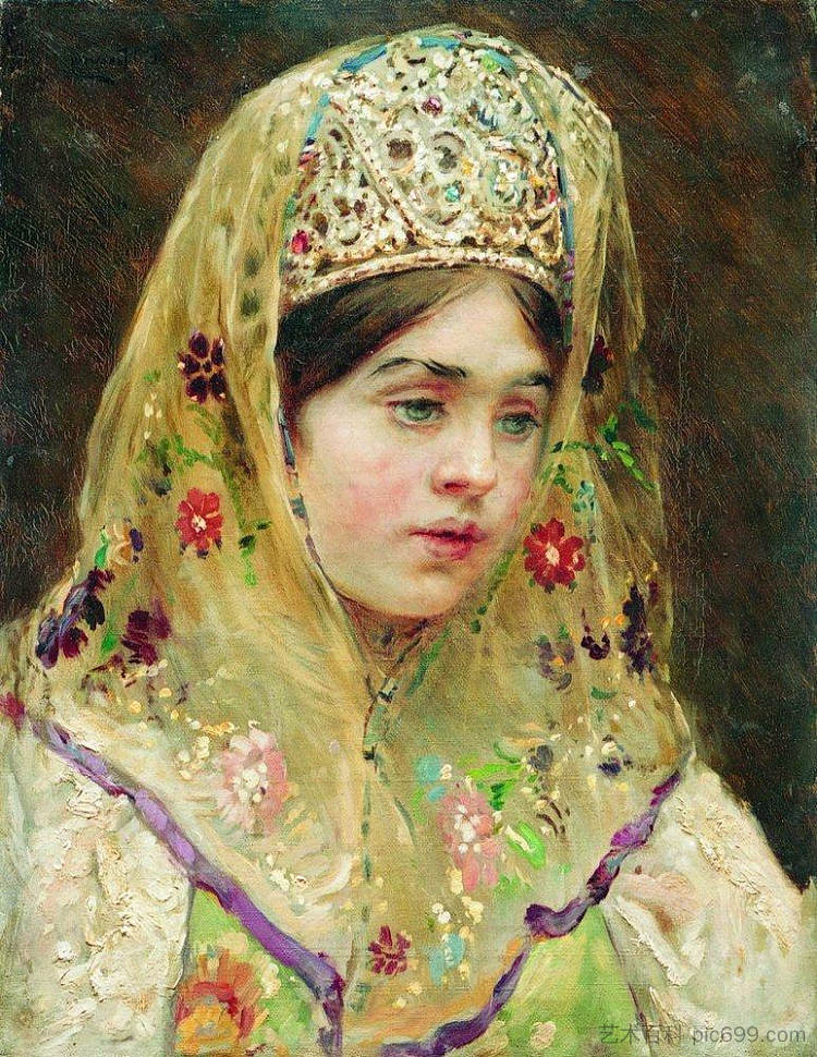 穿着俄罗斯连衣裙的女孩的肖像 Portrait of the Girl in a Russian Dress (c.1910)，康斯坦丁·马科夫斯基