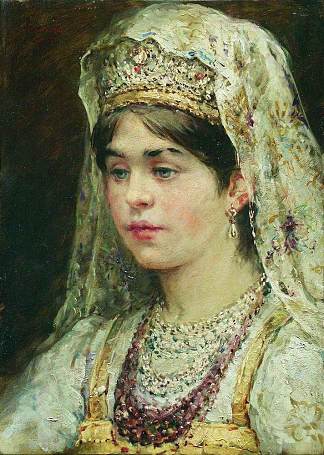 穿着俄罗斯连衣裙的女孩的肖像 Portrait of the Girl in a Russian Dress，康斯坦丁·马科夫斯基