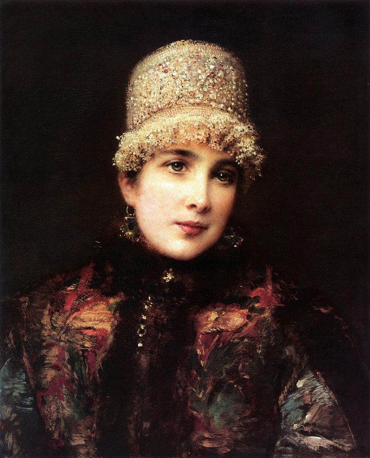 科科什尼克的俄罗斯美女 Russian Beauty in Kokoshnik (c.1890),康斯坦丁·马科夫斯基