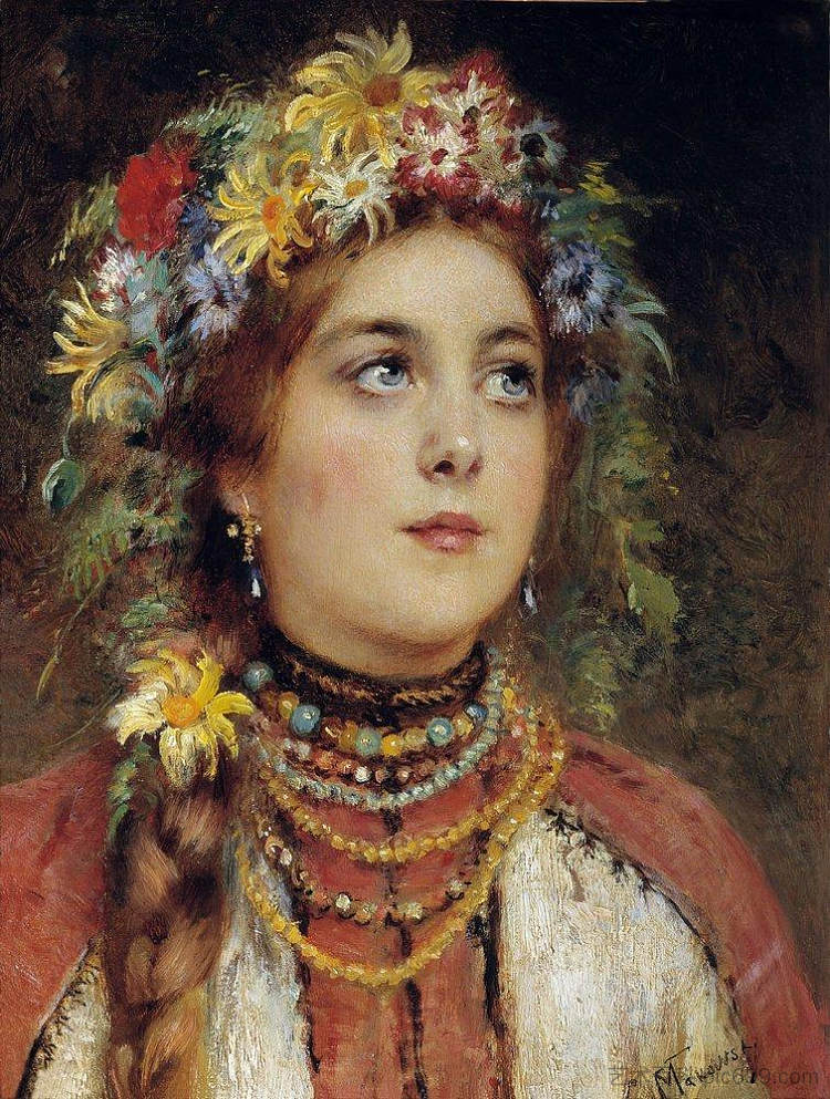 俄罗斯美女在夏天花环 Russian Beauty in Summer Garland，康斯坦丁·马科夫斯基