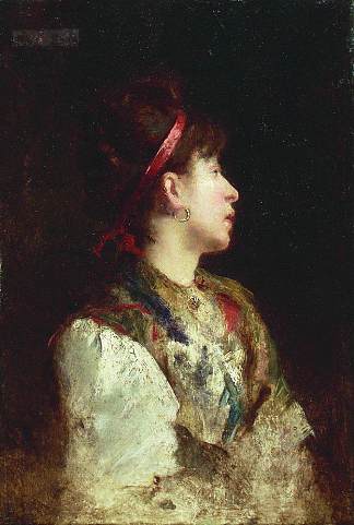 红丝带女孩 The girl with the red ribbon (c.1900)，康斯坦丁·马科夫斯基