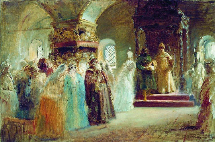 沙皇阿列克谢·米查洛维奇选择新娘 Tsar Alexei Michaylovich choosing a bride (1887),康斯坦丁·马科夫斯基