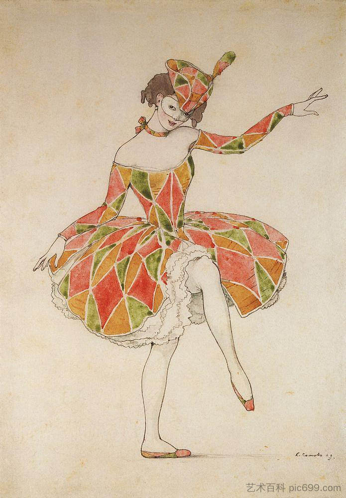 为丑角的安娜·巴甫洛娃设计哥伦拜恩服装 Design of Costume of Columbine for Anna Pavlova in Harlequinade (1909)，康斯坦丁·索莫夫