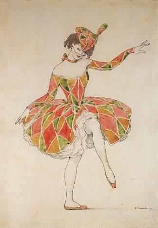 为丑角的安娜·巴甫洛娃设计哥伦拜恩服装 Design of Costume of Columbine for Anna Pavlova in Harlequinade (1909)，康斯坦丁·索莫夫