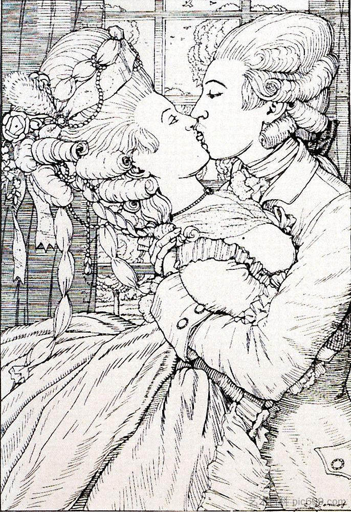 吻。侯爵夫人之书插图 The Kiss. Illustration to the Book of the Marquise (1908)，康斯坦丁·索莫夫