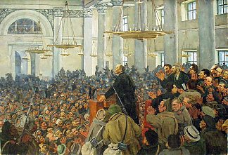 1917 年 10 月 25 日，列宁首次出现在彼得格勒苏维埃斯莫尔尼的会议上 First appearance of Lenin at a meeting in Smolny, the Petrograd Soviet on Oct. 25, 1917 (1927)，康斯坦丁·由安