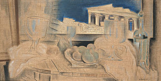 静物与雅典卫城在背景 Still Life with Acropolis in the Background (c.1931)，科斯坦蒂诺斯·帕西尼斯