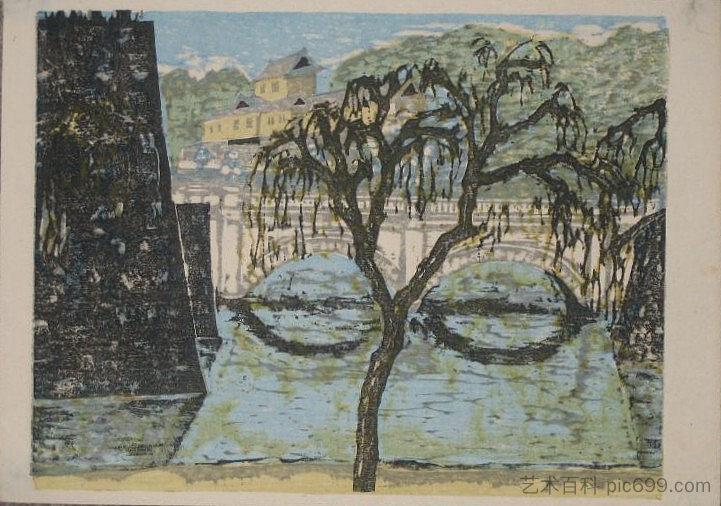 《最后的东京场景》系列中的二重桥（通往皇宫的桥） Nijubashi (Bridge to the Imperial Palace) from the series Scenes of Last Tokyo (1945)，恩地孝四郎