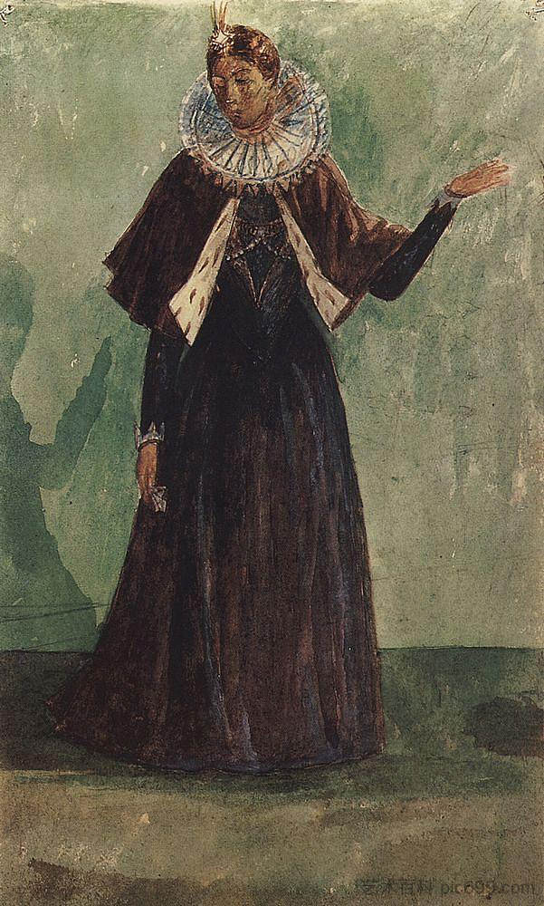 玛丽娜·米尼谢克(Marina Mnishek)为普希金的鲍里斯·戈杜诺夫(Boris Godunov)悲剧设计的服装 Costume Design by Marina Mnishek to the tragedy of Pushkin's Boris Godunov (1923),库兹马·彼得罗夫