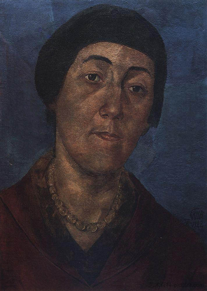 M.F.彼得洛娃-沃德金娜的肖像，艺术家的妻子 Portrait of M.F.Petrova-Vodkina, the artist's wife (1922)，库兹马·彼得罗夫