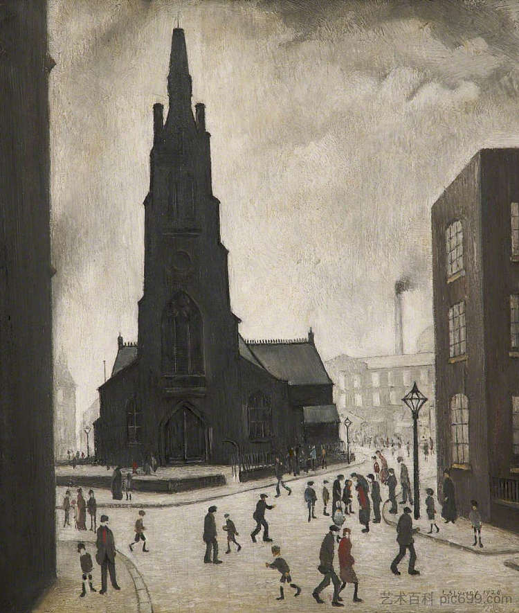 街景（圣西门教堂） A Street Scene (St Simon's Church) (1928)，L·S·洛里