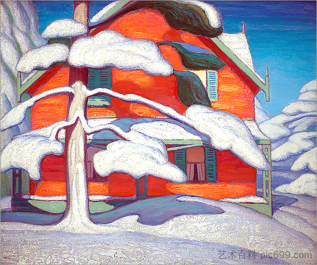 松树和红房子，冬季城 Pine Tree and Red House, Winter City (1924)，劳伦斯哈里斯