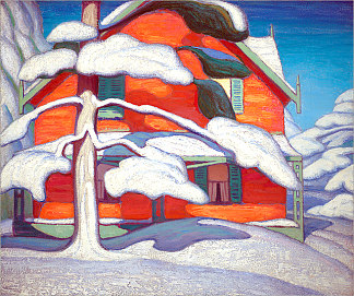 松树和红房子，冬季城 Pine Tree and Red House, Winter City (1924)，劳伦斯哈里斯