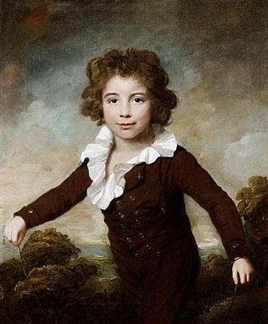 一个穿着棕色外套和马裤的小男孩的肖像,在风景前拿着跳绳 Portrait of a young boy in a brown coat and breeches, holding a skipping rope before a landscape,勒缪尔·弗朗西斯·阿博特