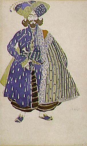 沙阿的副官，为佳吉列夫制作的芭蕾舞剧《舍赫拉扎德》设计服装 Aide de camp of the Shah, costume design for Diaghilev's production of the ballet Scheherazade (1910)，莱昂·巴克斯特