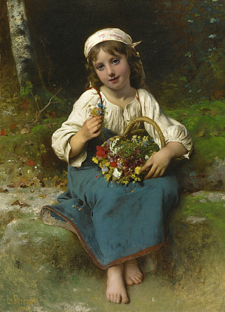 拿着一篮花的年轻女孩 Young girl with a basket of flowers (1880)，莱昂·巴齐勒·佩罗