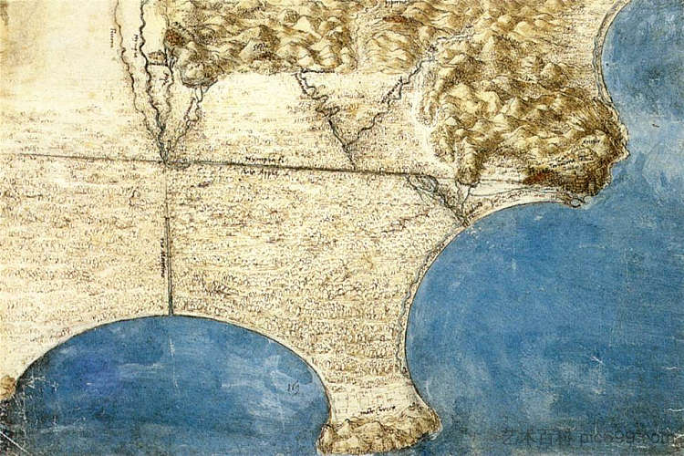 海岸鸟瞰图 Bird's eye view of sea coast (c.1515; Rome,Italy  )，达芬奇