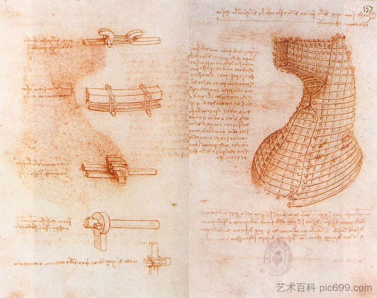 斯福尔扎纪念碑上的双手稿页（头部和颈部的铸造模具） Double manuscript page on the Sforza monument (Casting mold of the head and neck) (c.1493; Milan,Italy  )，达芬奇