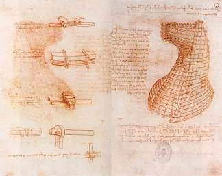 斯福尔扎纪念碑上的双手稿页（头部和颈部的铸造模具） Double manuscript page on the Sforza monument (Casting mold of the head and neck) (c.1493; Milan,Italy                     )，达芬奇