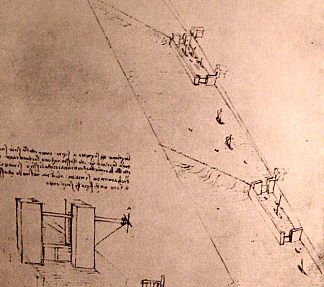 在河上画船闸 Drawing of locks on a river (c.1500; Italy                     )，达芬奇