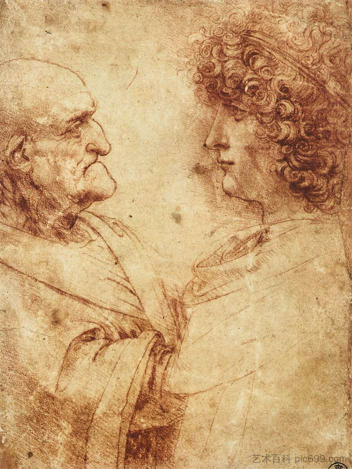 一个老人和一个青年的头 Heads of an old man and a youth (c.1495; Milan,Italy  )，达芬奇