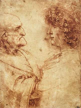 一个老人和一个青年的头 Heads of an old man and a youth (c.1495; Milan,Italy                     )，达芬奇
