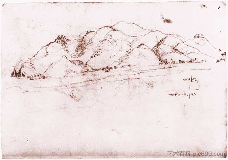 比萨附近的景观 Landscape near Pisa (c.1502; Italy  )，达芬奇