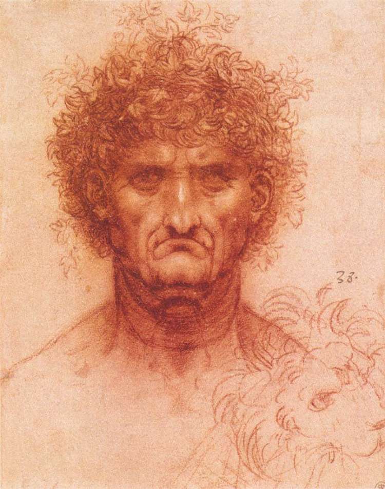 带着常春藤花环和狮子头的老人 Old man with ivy wreath and lion's head (c.1494 - c.1519; Florence,Italy  )，达芬奇