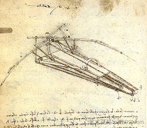 达芬奇为鸟类飞行器设计之一 One of Leonardo da Vinci's designs for an Ornithopter (c.1489; Milan,Italy  )，达芬奇