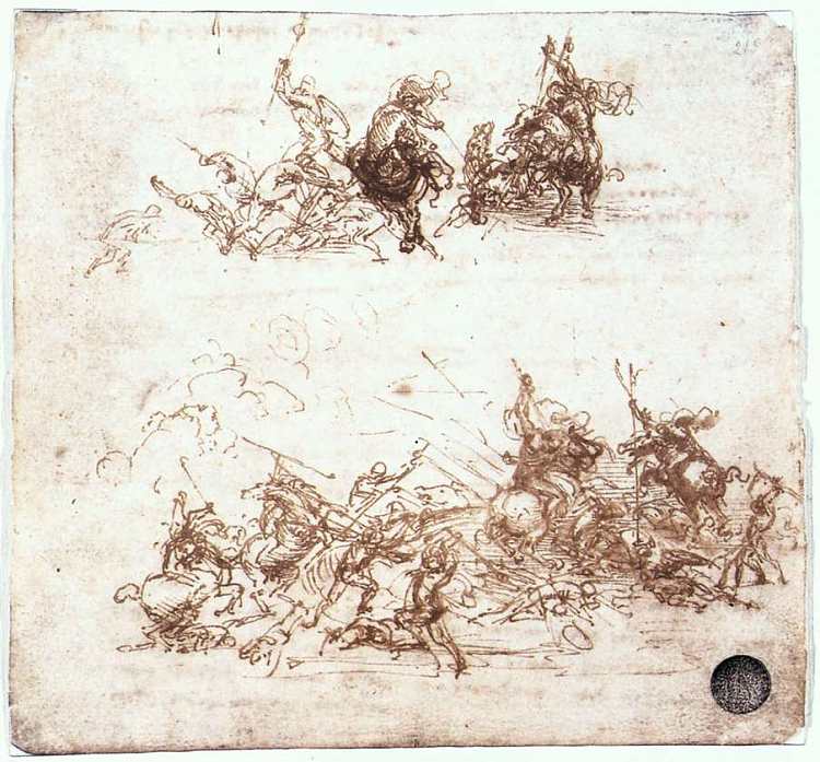 笔记本上的一页，显示骑马和步行战斗的人物 Page from a notebook showing figures fighting on horseback and on foot (c.1504; Florence,Italy  )，达芬奇