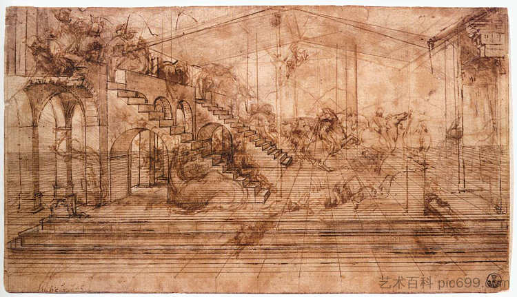 贤士崇拜的透视研究 Perspectival study of the Adoration of the Magi (c.1481; Milan,Italy  )，达芬奇